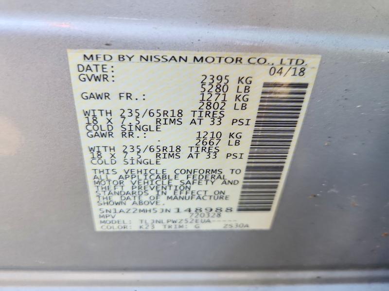 2018 Nissan Murano მანქანა იყიდება აუქციონზე, vin: 5N1AZ2MH5JN148988, აუქციონის ნომერი: 63130186