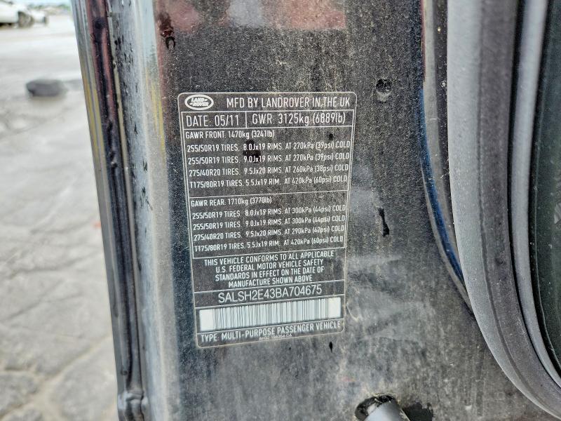 2011 Land Rover Range Rover Sport მანქანა იყიდება აუქციონზე, vin: SALSH2E43BA704675, აუქციონის ნომერი: 60827166