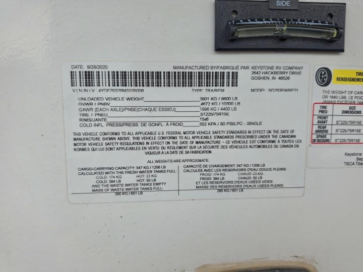 63481306 :رقم المزاد ، 4YDF25329M3105006 vin ، 2021 Keystone Springdale مزاد بيع