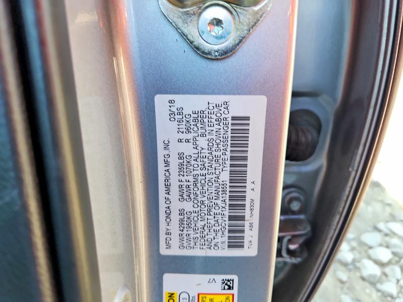 Aukcja sprzedaży 2018 Honda Accord, vin: 1HGCV1F1XJA138551, numer aukcji: 60752156