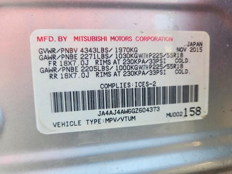 62819536 :رقم المزاد ، JA4AJ4AW6GZ604373 vin ، 2016 Mitsubishi Rvr مزاد بيع