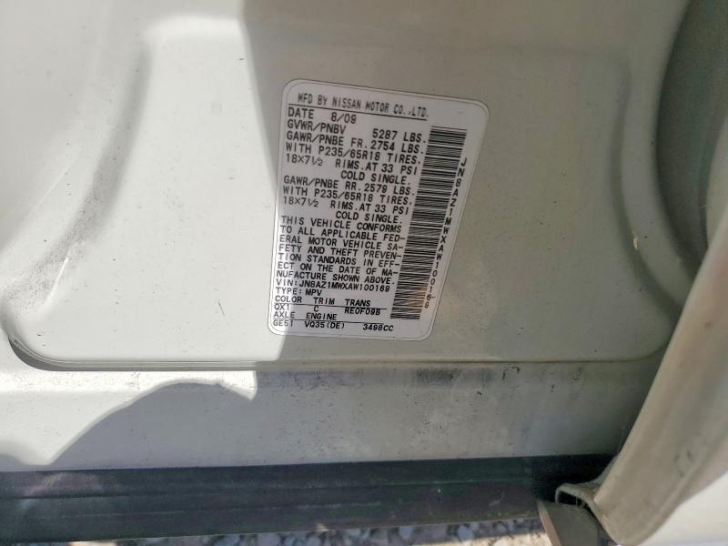 2010 Nissan Murano მანქანა იყიდება აუქციონზე, vin: JN8AZ1MWXAW100169, აუქციონის ნომერი: 62964896