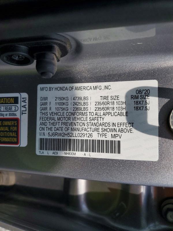 Auction sale of the 2020 Honda Cr-v, vin: 5J6RW2H52LL029126, lot number: 60979456