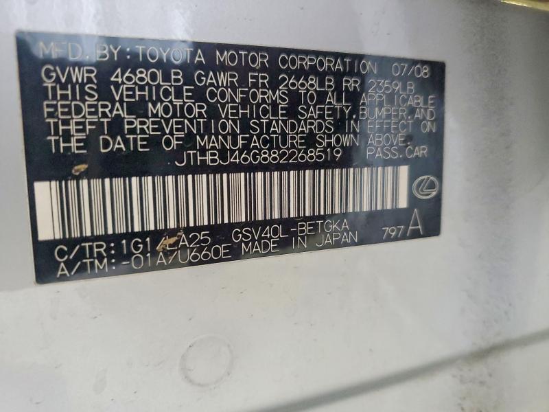 Aukcja sprzedaży 2008 Lexus Es, vin: JTHBJ46G882268519, numer aukcji: 61957336
