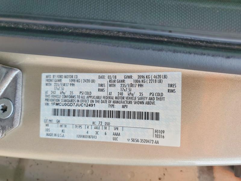 Продаж на аукціоні авто 2018 Ford Escape, vin: 1FMCU0GD7JUC12491, номер лоту: 61110996