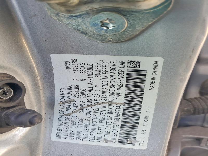2020 Honda Civic მანქანა იყიდება აუქციონზე, vin: 2HGFC2F66LH597147, აუქციონის ნომერი: 60793666