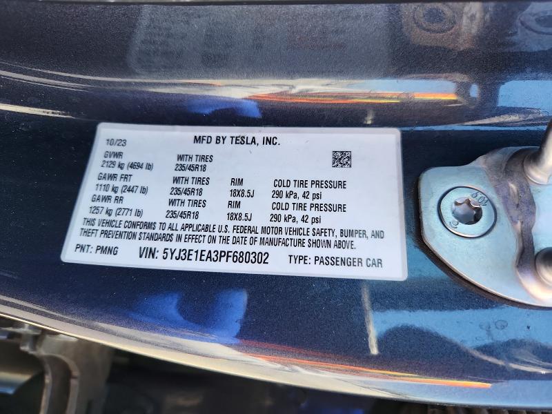 2023 Tesla Model 3 მანქანა იყიდება აუქციონზე, vin: 5YJ3E1EA3PF680302, აუქციონის ნომერი: 59698876