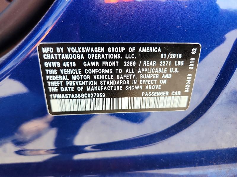 Aukcja sprzedaży 2016 Volkswagen Passat, vin: 1VWAS7A35GC027359, numer aukcji: 59828996