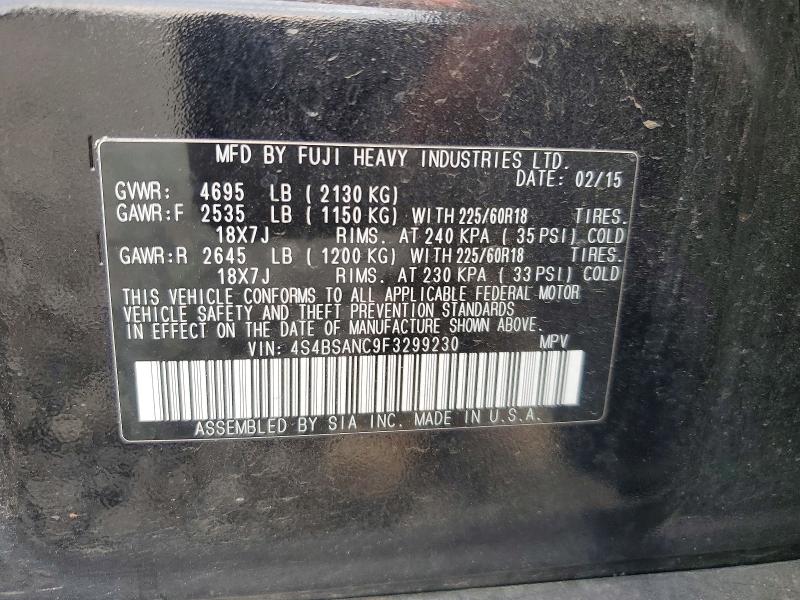 2015 Subaru Outback მანქანა იყიდება აუქციონზე, vin: 4S4BSANC9F3299230, აუქციონის ნომერი: 61532316