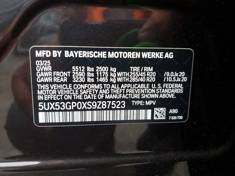 2025 Bmw X3 მანქანა იყიდება აუქციონზე, vin: 5UX53GP0XS9Z87523, აუქციონის ნომერი: 59341586