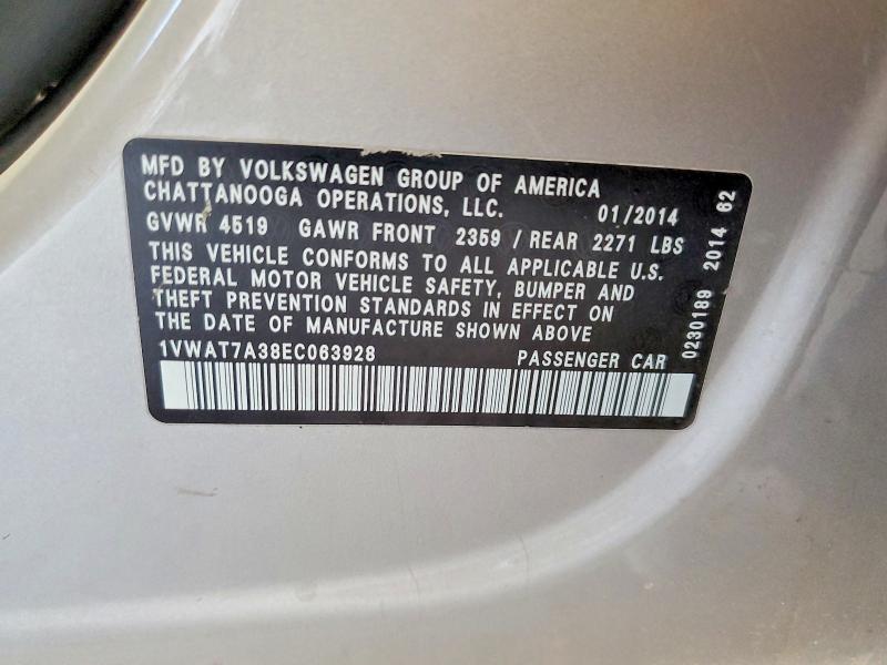2014 Volkswagen Passat მანქანა იყიდება აუქციონზე, vin: 1VWAT7A38EC063928, აუქციონის ნომერი: 59680306