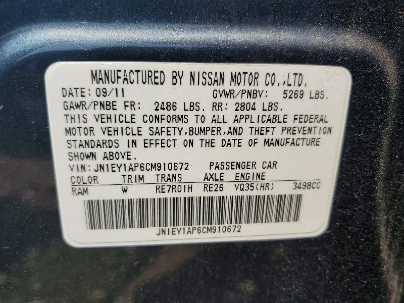 61320026 :رقم المزاد ، JN1EY1AP6CM910672 vin ، 2012 Infiniti M35h مزاد بيع