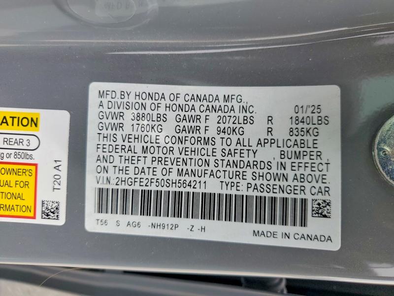 Продаж на аукціоні авто 2025 Honda Civic, vin: 2HGFE2F50SH564211, номер лоту: 61854816