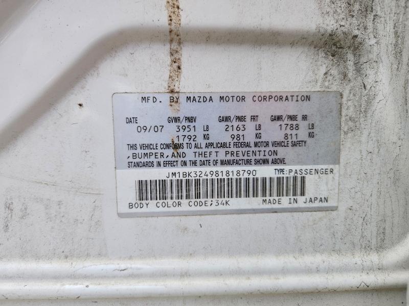 Продаж на аукціоні авто 2008 Mazda 3, vin: JM1BK324981818790, номер лоту: 58378136