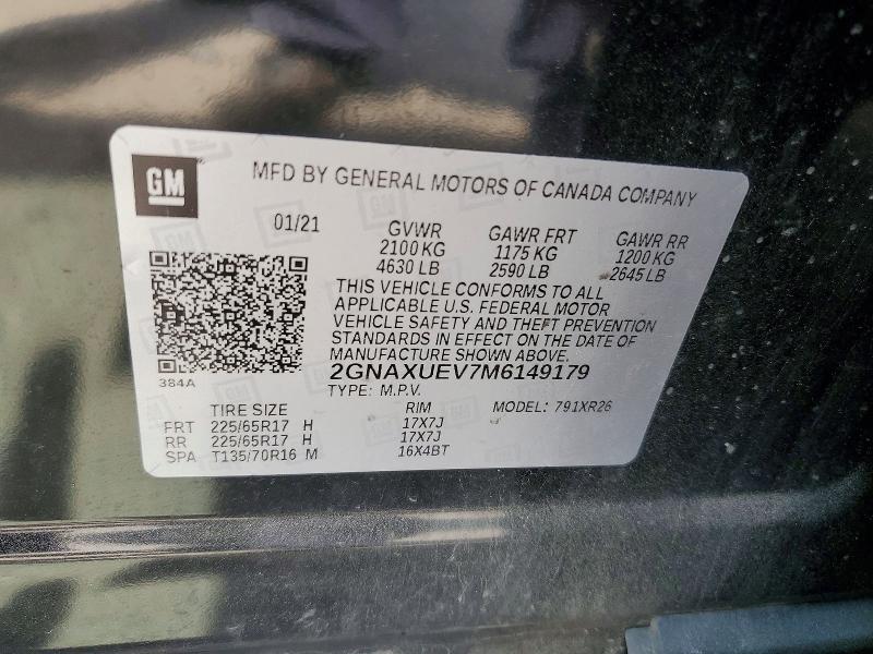 Aukcja sprzedaży 2021 Chevrolet Equinox, vin: 2GNAXUEV7M6149179, numer aukcji: 62027256