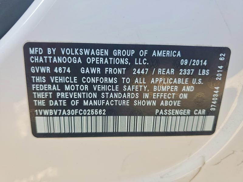 Продаж на аукціоні авто 2015 Volkswagen Passat, vin: 1VWBV7A30FC025562, номер лоту: 60529166