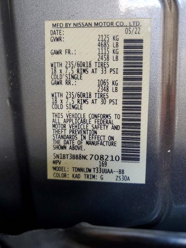 Aukcja sprzedaży 2022 Nissan Rogue, vin: 5N1BT3BB8NC708210, numer aukcji: 62128056