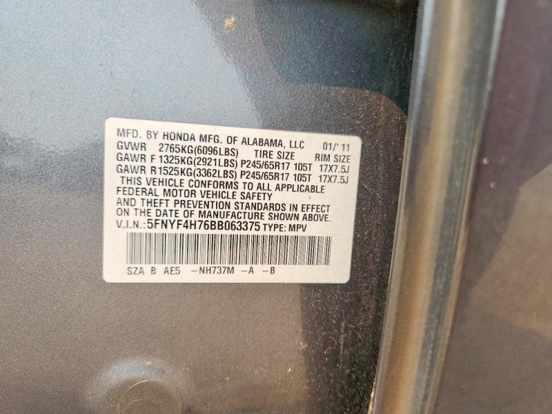 60795126 :رقم المزاد ، 5FNYF4H76BB063375 vin ، 2011 Honda Pilot مزاد بيع