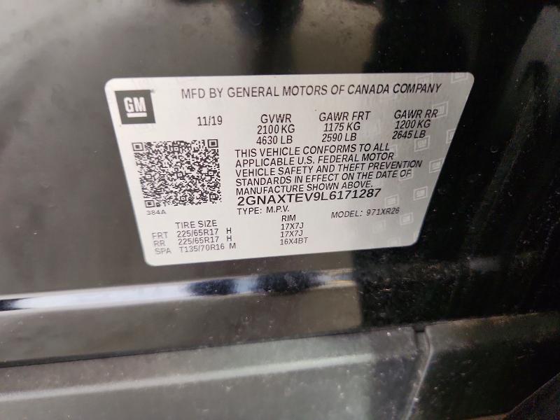 Aukcja sprzedaży 2020 Chevrolet Equinox, vin: 2GNAXTEV9L6171287, numer aukcji: 62032256