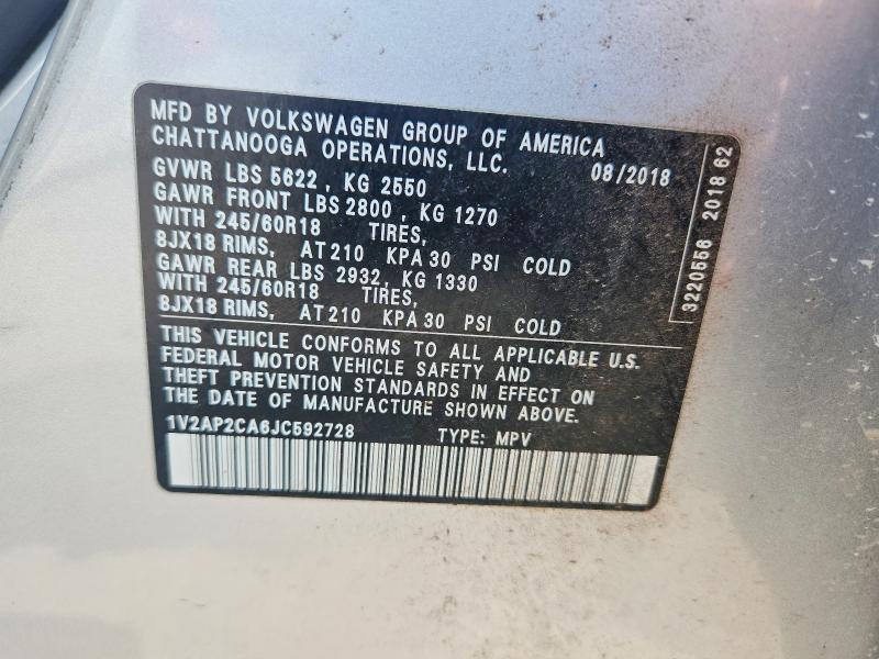 59920756 :رقم المزاد ، 1V2AP2CA6JC592728 vin ، 2018 Volkswagen Atlas مزاد بيع