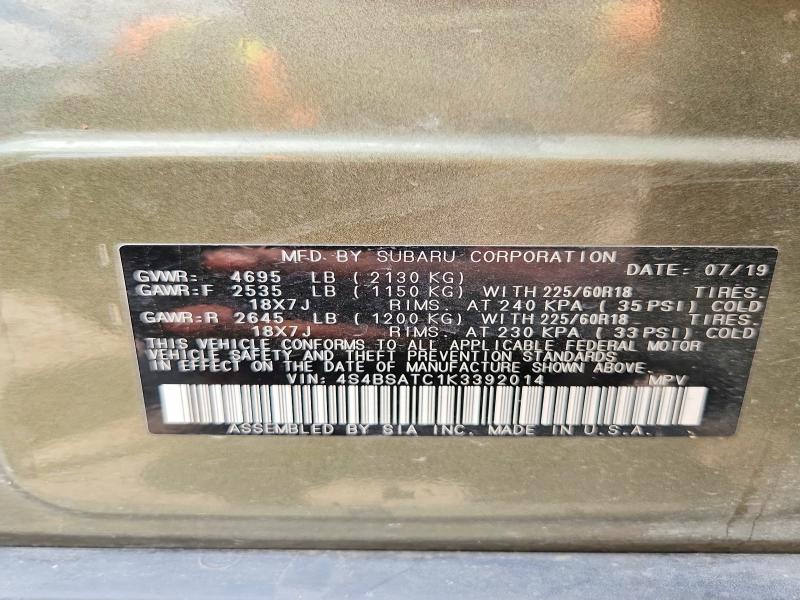 62999566 :رقم المزاد ، 4S4BSATC1K3392014 vin ، 2019 Subaru Outback مزاد بيع