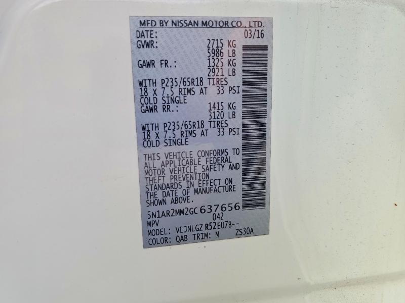 Продажа на аукционе авто 2016 Nissan Pathfinder, vin: 5N1AR2MM2GC637656, номер лота: 62480156