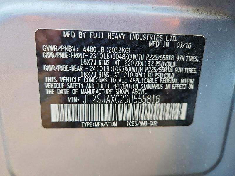 2016 Subaru Forester მანქანა იყიდება აუქციონზე, vin: JF2SJAXC2GH555816, აუქციონის ნომერი: 60256136