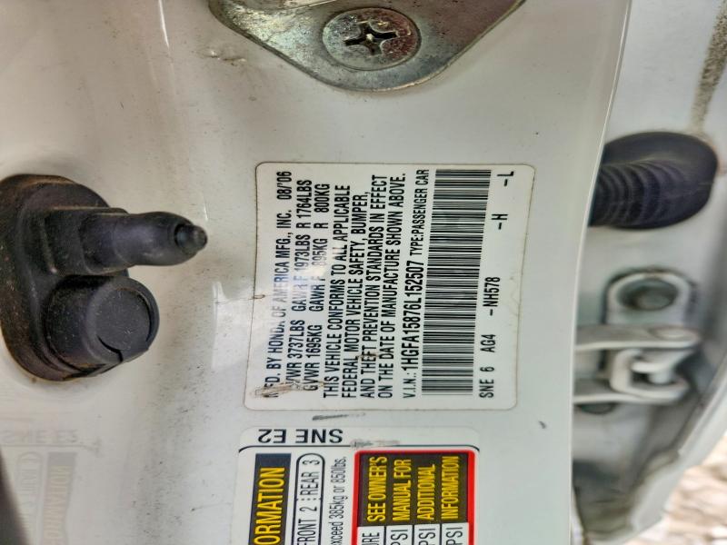 Aukcja sprzedaży 2006 Honda Civic, vin: 1HGFA15876L152507, numer aukcji: 60087706