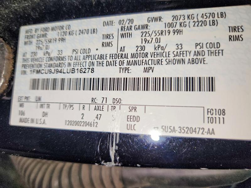 2020 Ford Escape მანქანა იყიდება აუქციონზე, vin: 1FMCU9J94LUB16278, აუქციონის ნომერი: 59855966