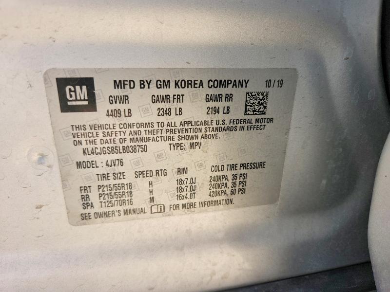 60992366 :رقم المزاد ، KL4CJGSB5LB038750 vin ، 2020 Buick Encore مزاد بيع