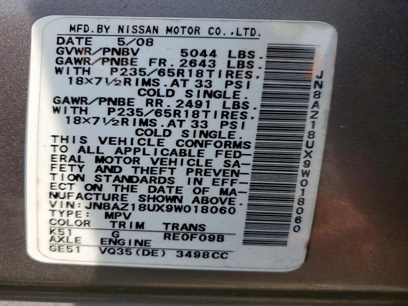 61571356 :رقم المزاد ، JN8AZ18UX9W018060 vin ، 2009 Nissan Murano مزاد بيع