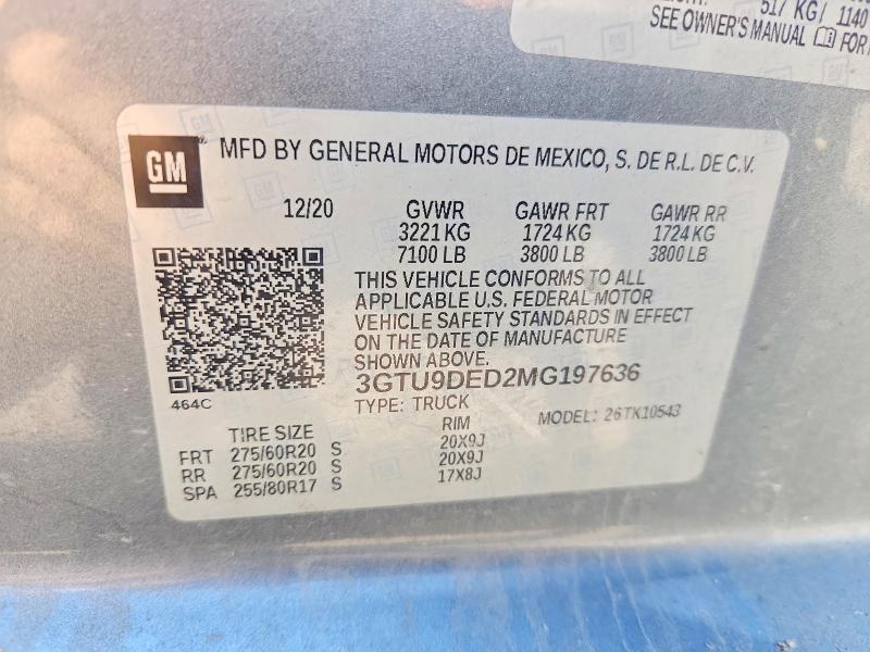 Aukcja sprzedaży 2021 Gmc Sierra, vin: 3GTU9DED2MG197636, numer aukcji: 58836916