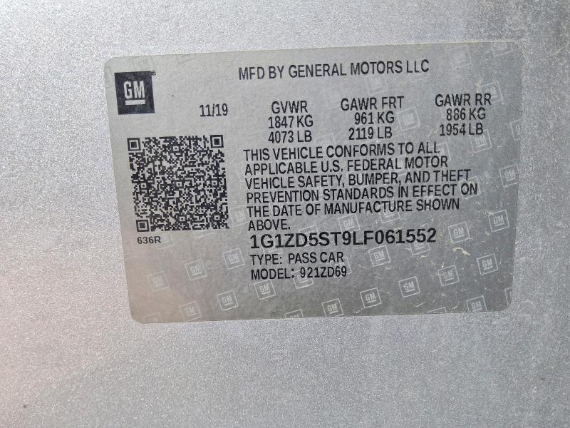Aukcja sprzedaży 2020 Chevrolet Malibu, vin: 1G1ZD5ST9LF061552, numer aukcji: 60808866