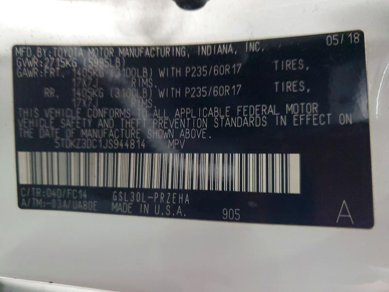 61739666 :رقم المزاد ، 5TDKZ3DC1JS944814 vin ، 2018 Toyota Sienna مزاد بيع