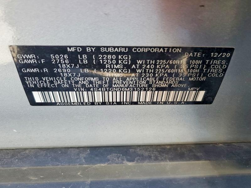 61688646 :رقم المزاد ، 4S4BTGND6M3152126 vin ، 2021 Subaru Outback مزاد بيع