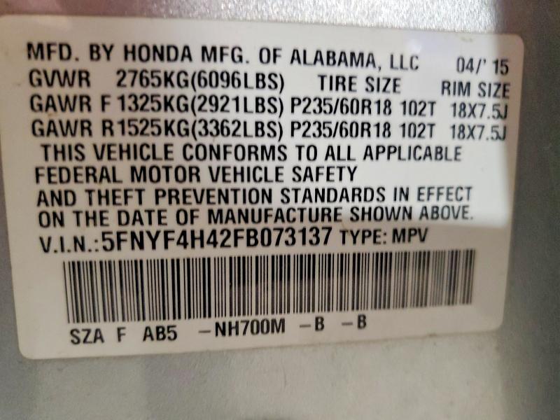 2015 Honda Pilot მანქანა იყიდება აუქციონზე, vin: 5FNYF4H42FB073137, აუქციონის ნომერი: 60591046