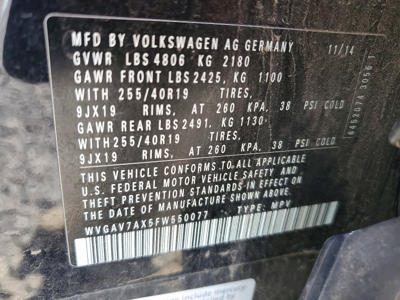 62910216 :رقم المزاد ، WVGAV7AX5FW550077 vin ، 2015 Volkswagen Tiguan مزاد بيع