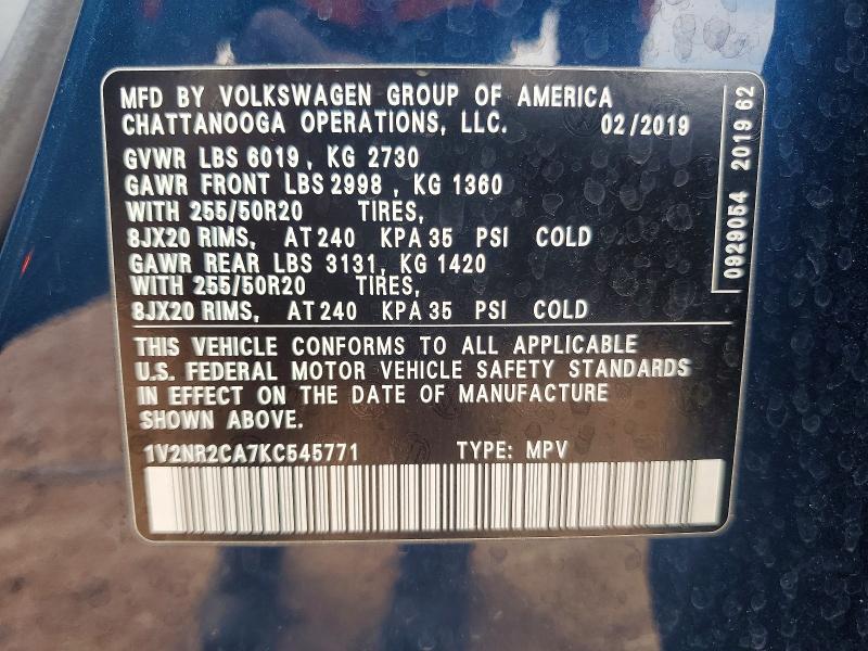 2019 Volkswagen Atlas მანქანა იყიდება აუქციონზე, vin: 1V2NR2CA7KC545771, აუქციონის ნომერი: 59844526