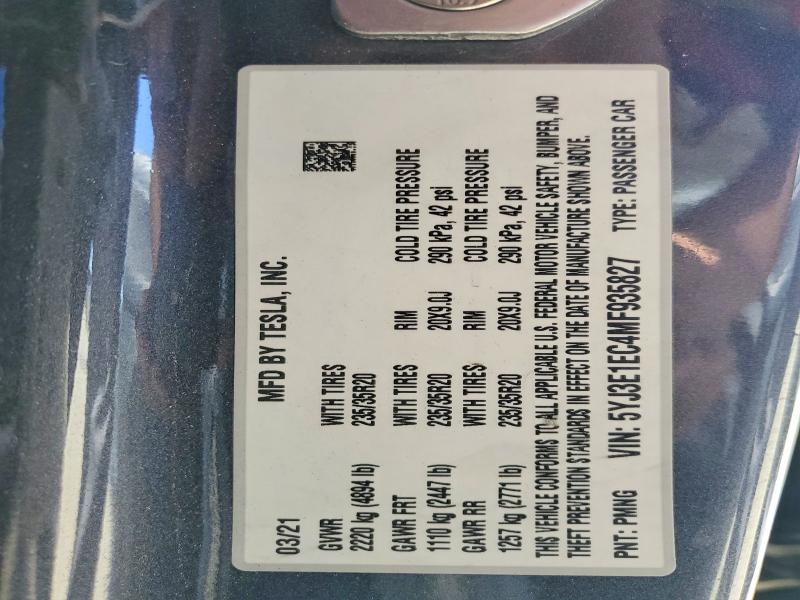 2021 Tesla Model 3 მანქანა იყიდება აუქციონზე, vin: 5YJ3E1EC4MF935827, აუქციონის ნომერი: 60807036
