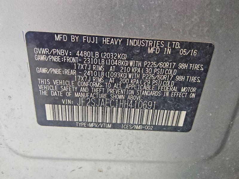 2017 Subaru Forester მანქანა იყიდება აუქციონზე, vin: JF2SJAEC1HH410691, აუქციონის ნომერი: 61805286