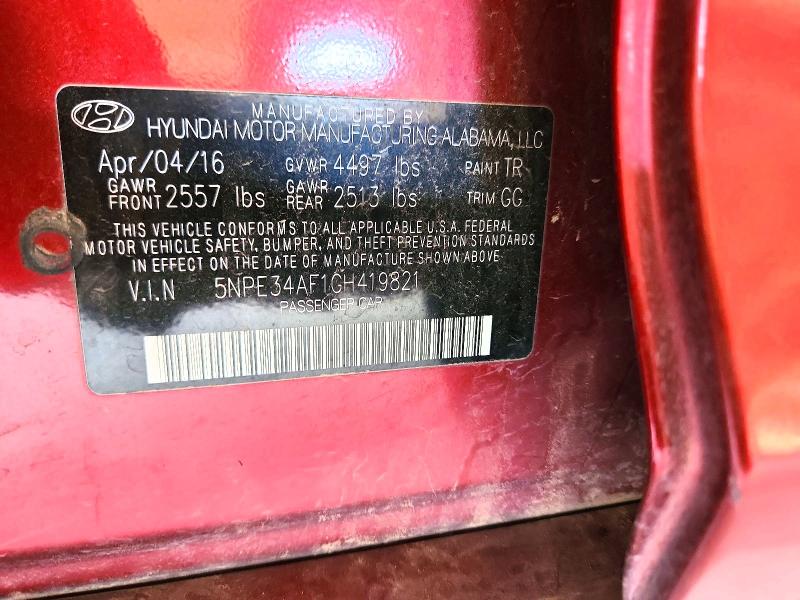 60147036 :رقم المزاد ، 5NPE34AF1GH419821 vin ، 2016 Hyundai Sonata مزاد بيع