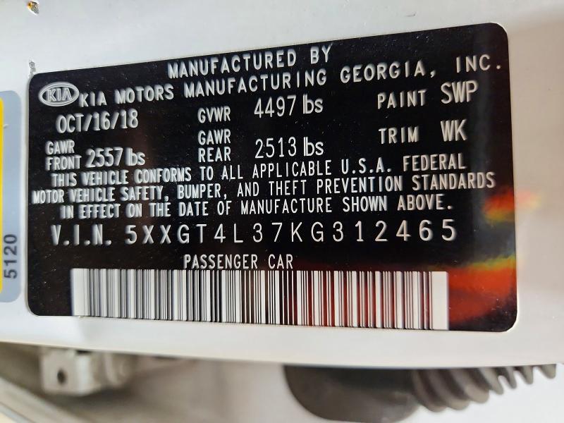 2019 Kia Optima მანქანა იყიდება აუქციონზე, vin: 5XXGT4L37KG312465, აუქციონის ნომერი: 63359366