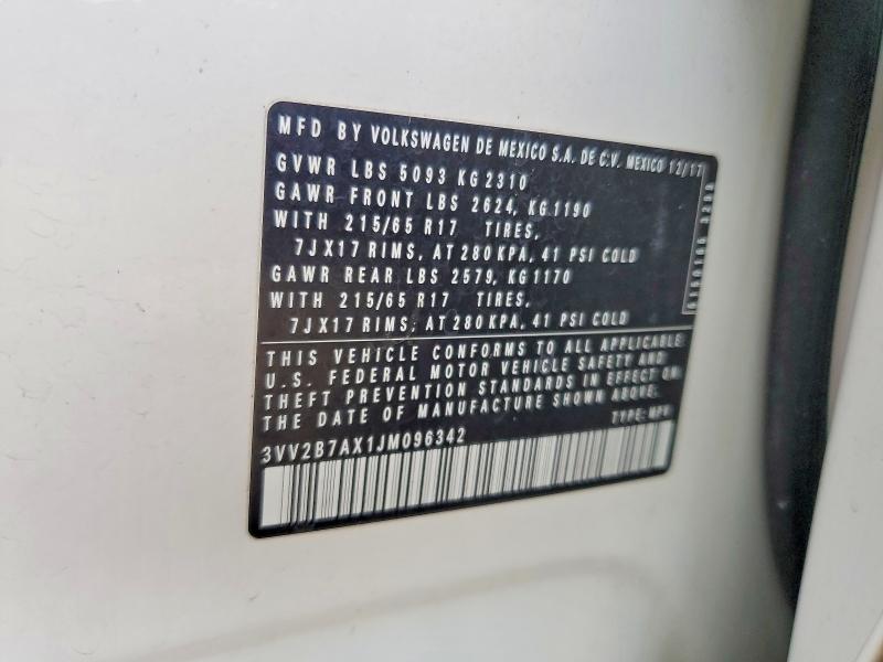 Продаж на аукціоні авто 2018 Volkswagen Tiguan, vin: 3VV2B7AX1JM096342, номер лоту: 61621466