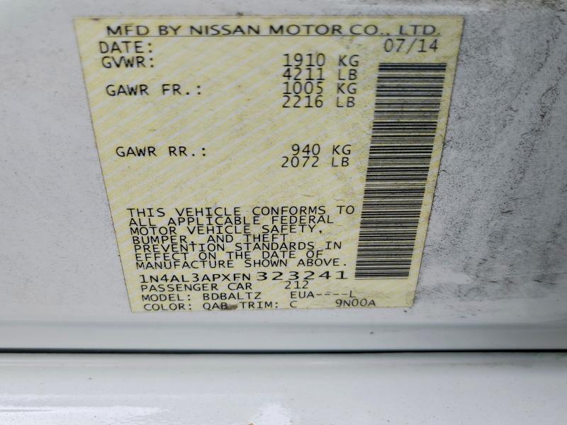2015 Nissan Altima მანქანა იყიდება აუქციონზე, vin: 1N4AL3APXFN323241, აუქციონის ნომერი: 61980766