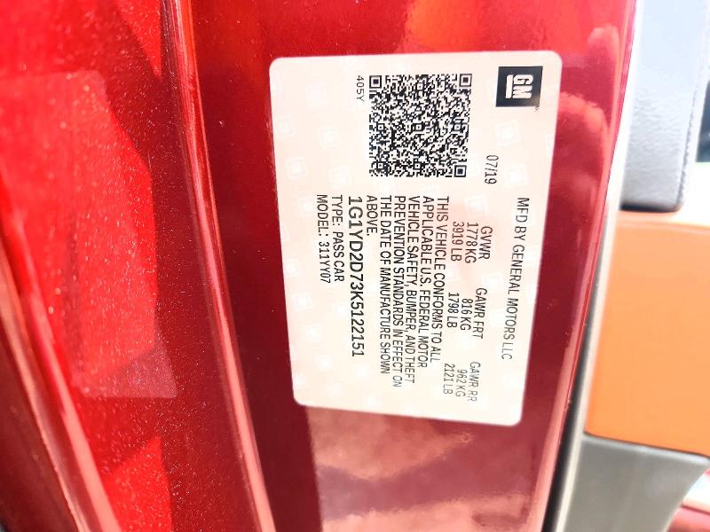 60841796 :رقم المزاد ، 1G1YD2D73K5122151 vin ، 2019 Chevrolet Corvette مزاد بيع