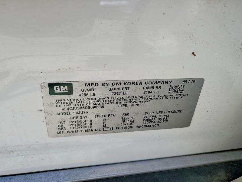 2016 Buick Encore მანქანა იყიდება აუქციონზე, vin: KL4CJBSB6GB698238, აუქციონის ნომერი: 59390026