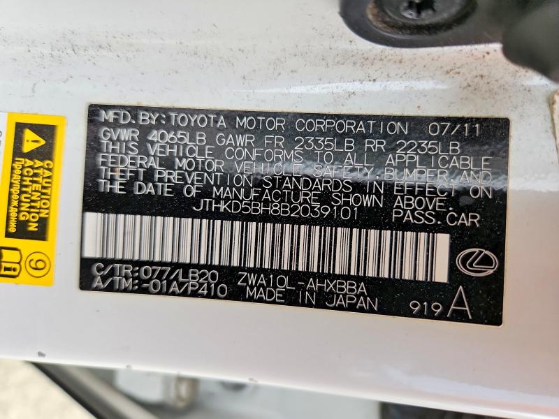 Aukcja sprzedaży 2011 Lexus Ct, vin: JTHKD5BH8B2039101, numer aukcji: 60892886