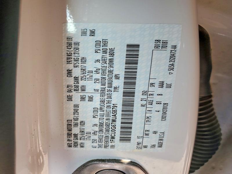61881536 :رقم المزاد ، 1FMCU0G67MUA58791 vin ، 2021 Ford Escape مزاد بيع