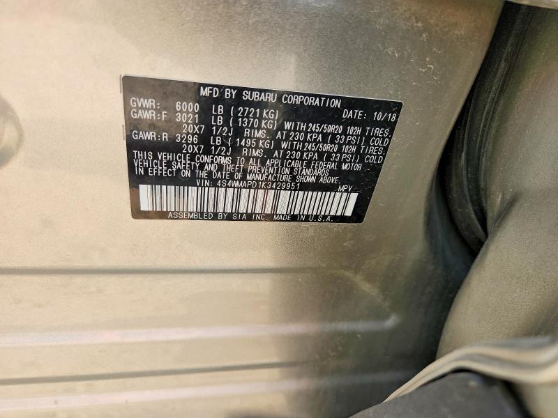 59685006 :رقم المزاد ، 4S4WMAPD1K3429951 vin ، 2019 Subaru Ascent مزاد بيع