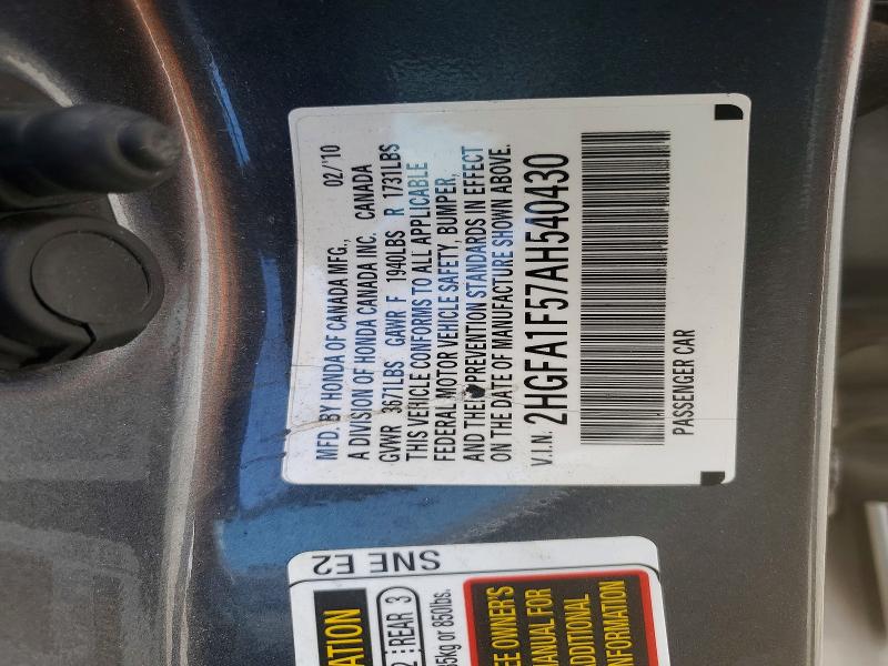 61371096 :رقم المزاد ، 2HGFA1F57AH540430 vin ، 2010 Honda Civic مزاد بيع